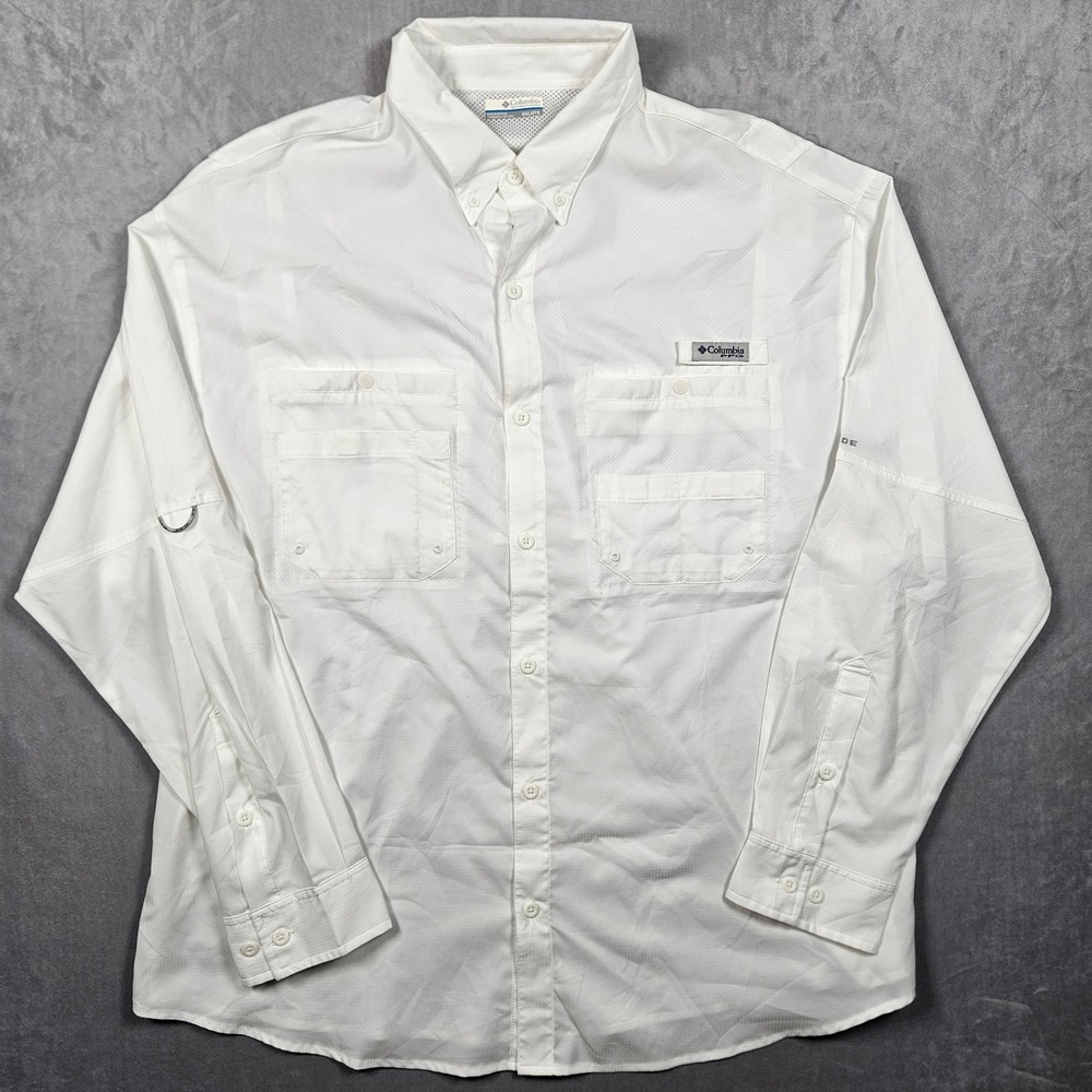Columbia PFG Fishing Shirt Mens XXL White Long Sleeve Button Down Vented Pockets